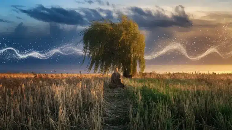 A woman sitting in the middle of a field.