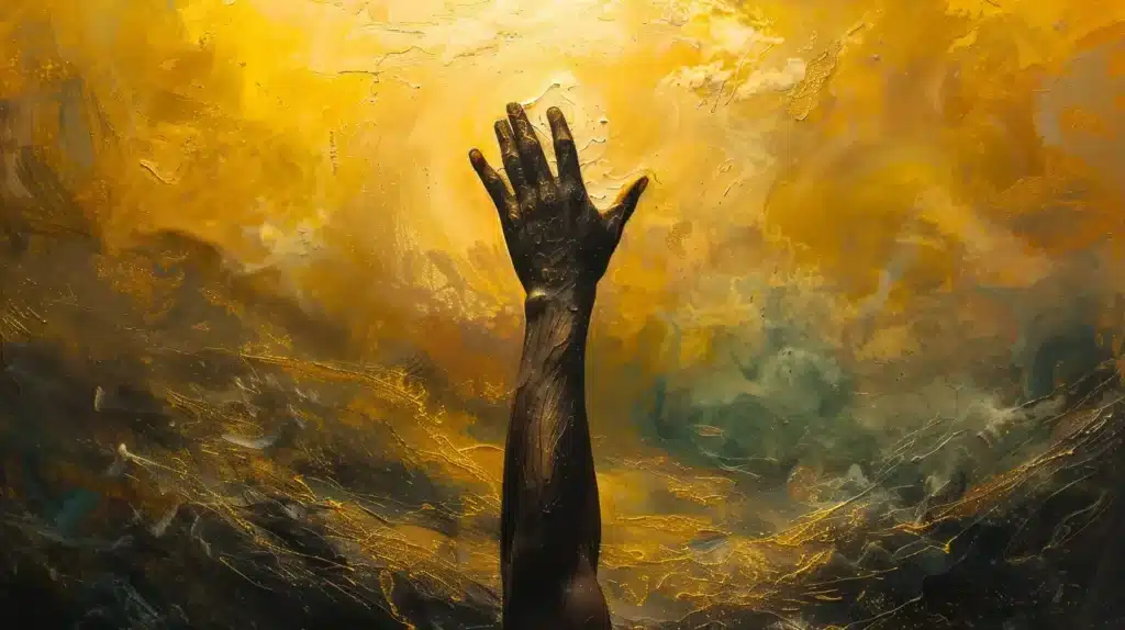 How to Call on the Orisha. A weathered Black hand reaching upward toward soft golden light filtering through ocean mist