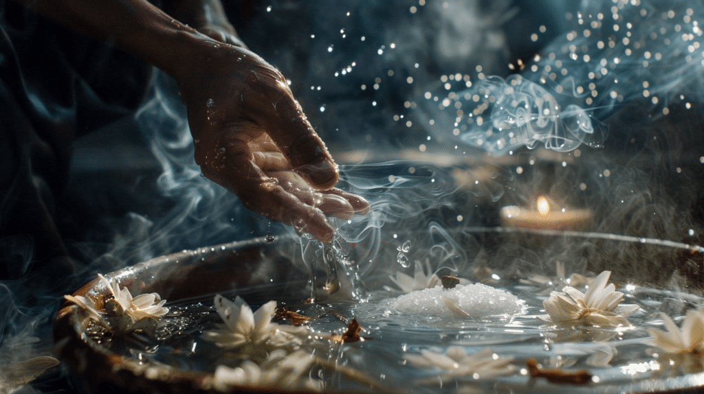 How to Call on the Orisha. Hands washing in luminous water, salt crystals catching light