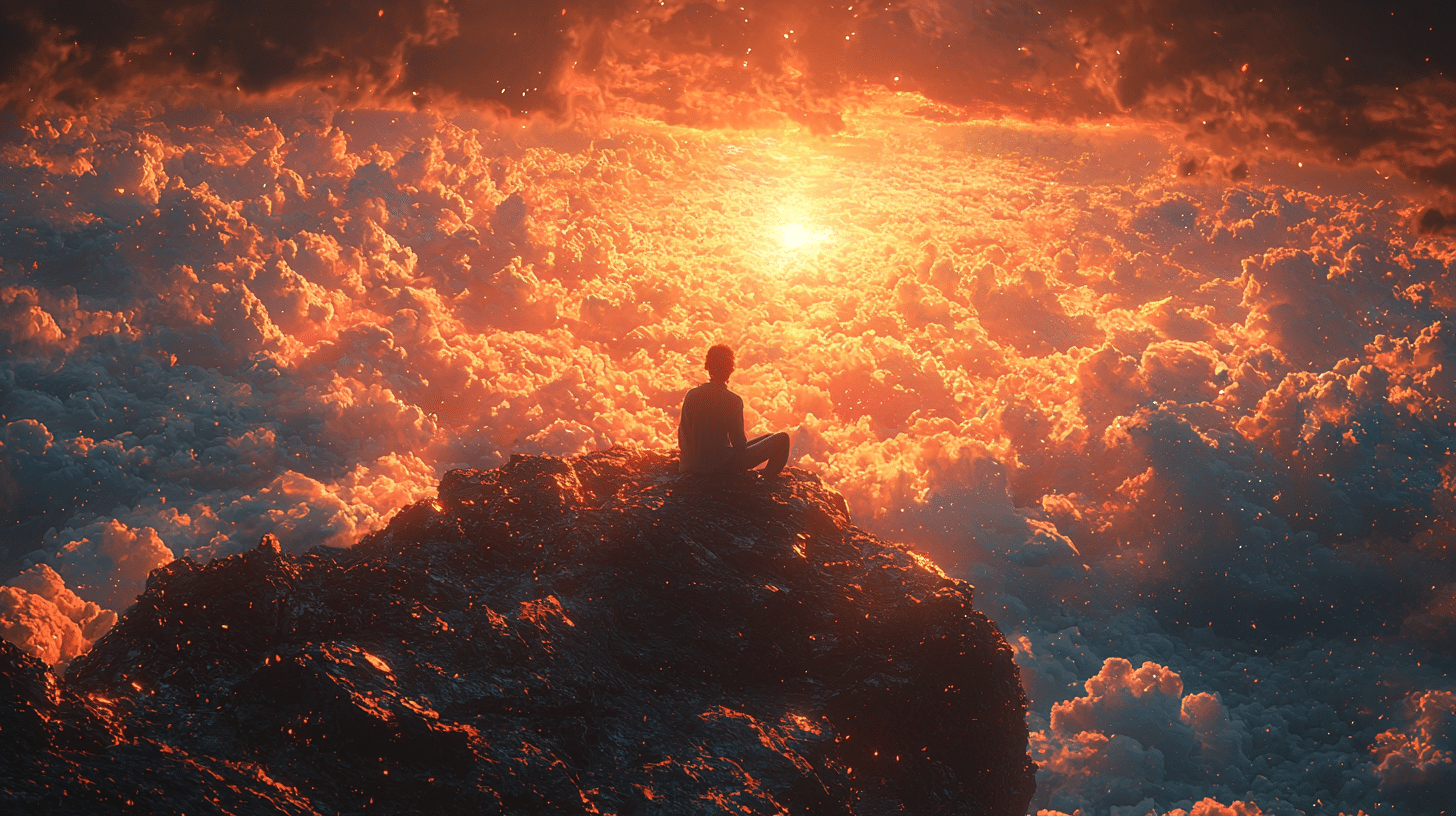 a person sitting on a rock above clouds