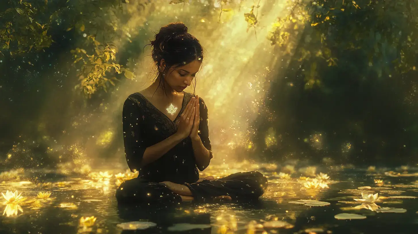 a woman sitting in a pond with hands together