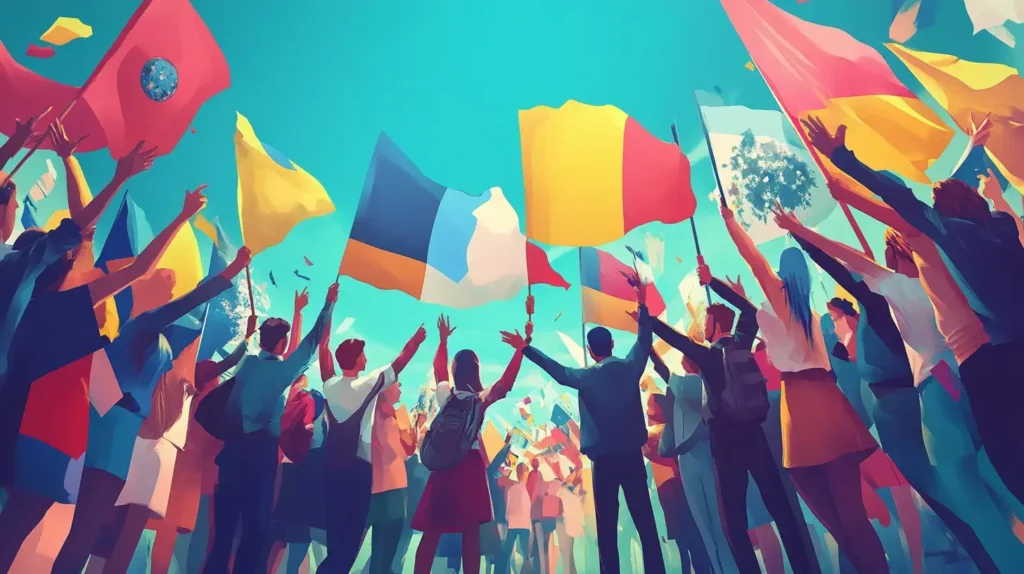 a group of people holding flags