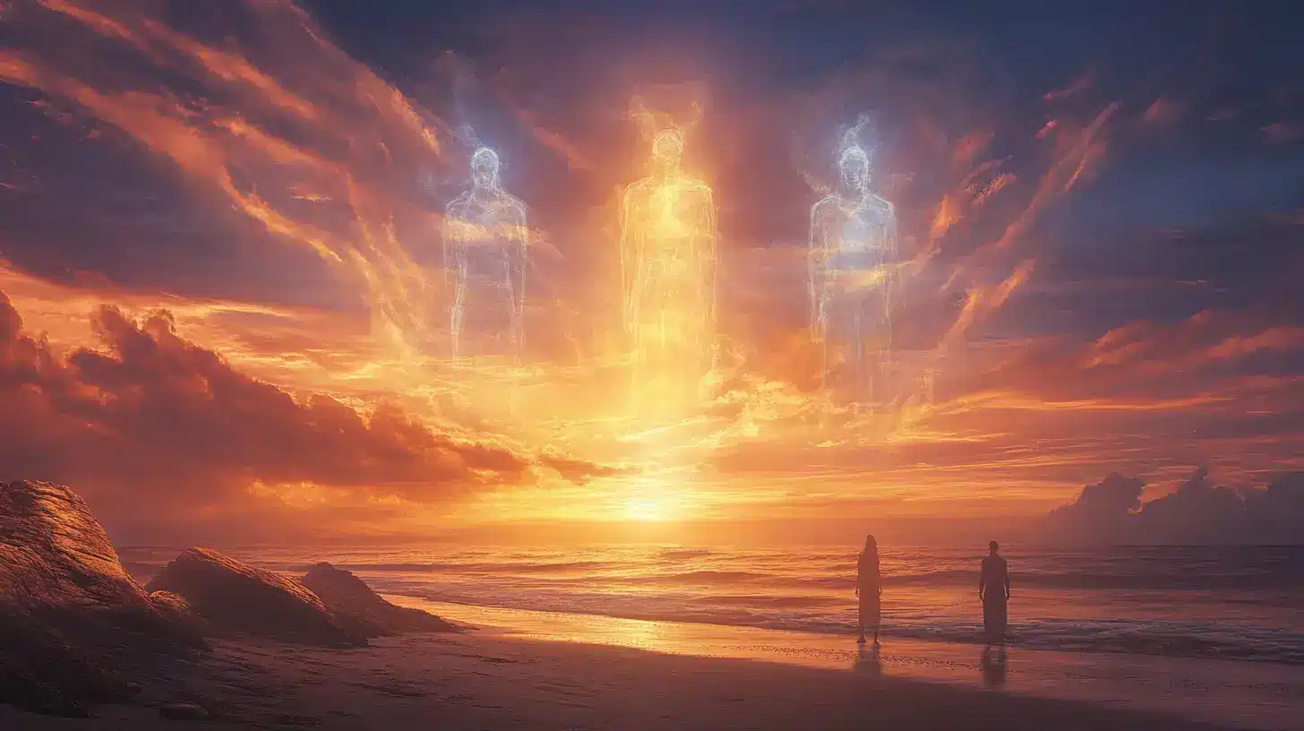 people standing on a beach looking at a spirits in the clouds