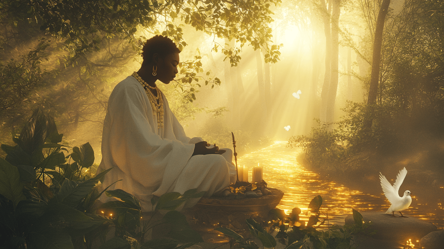 A person dressed in traditional yoruba clothing sitting on the bank of a river making an offering.