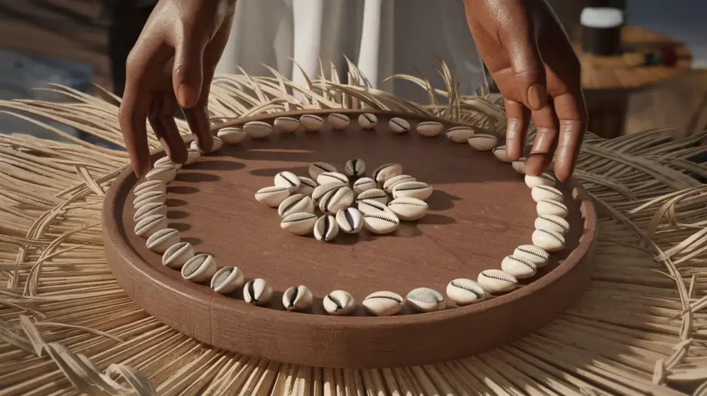 Yoruba Healing System. Close-up image of aged hands performing Ifa divination.