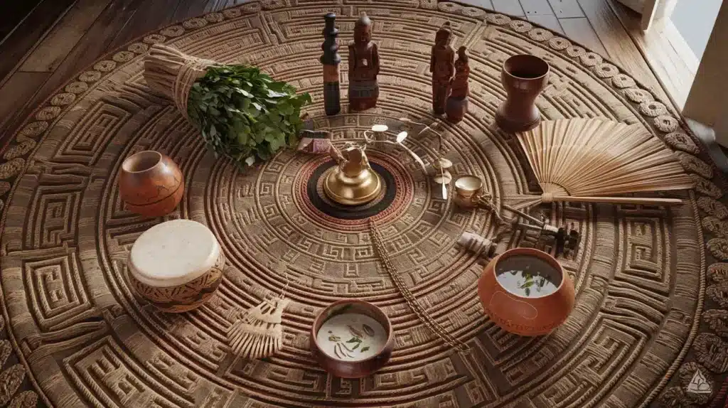 A collection of traditional Yoruba healing tools displayed on a circular, intricately woven raffia mat with geometric patterns.