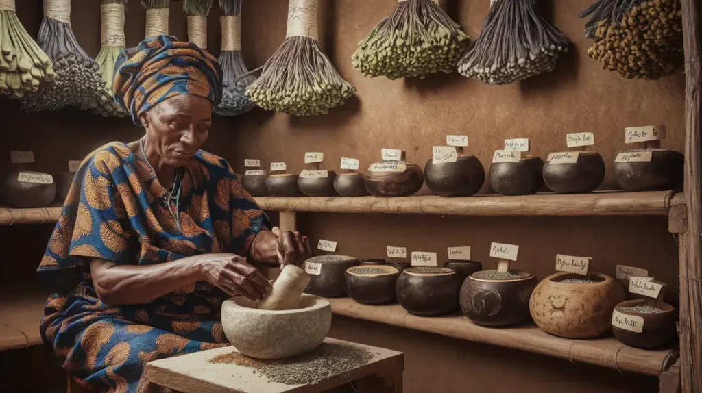 An experienced female Yoruba herbalist (onisegun) in her sixties working with medicinal plants in a traditional healing space.