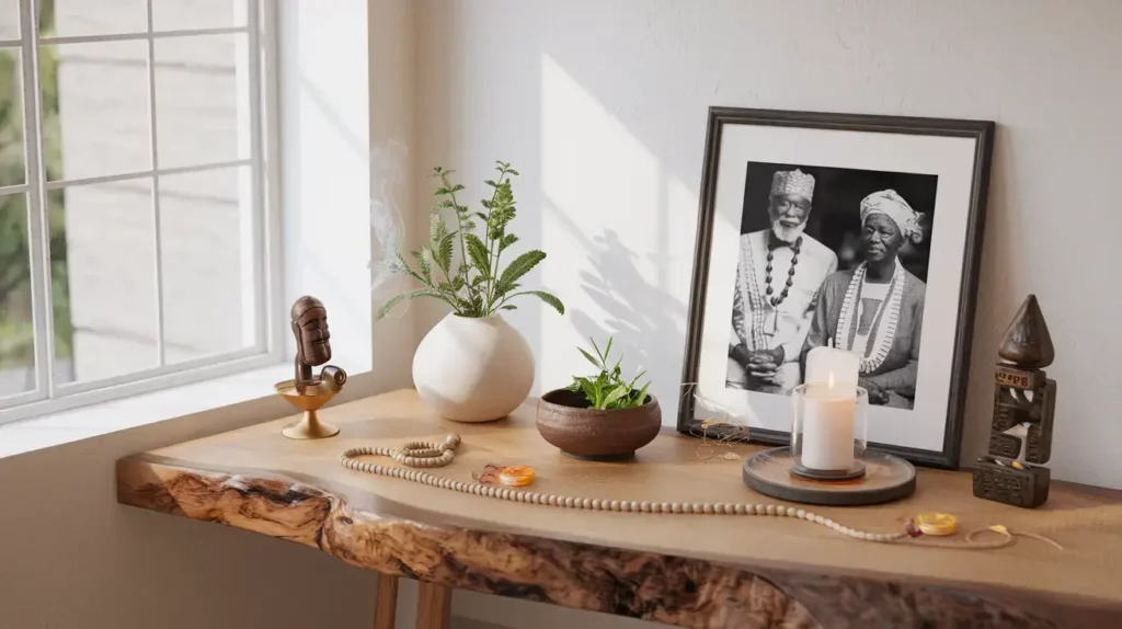 A thoughtfully designed modern home altar space where Yoruba wellness traditions are integrated into contemporary life.