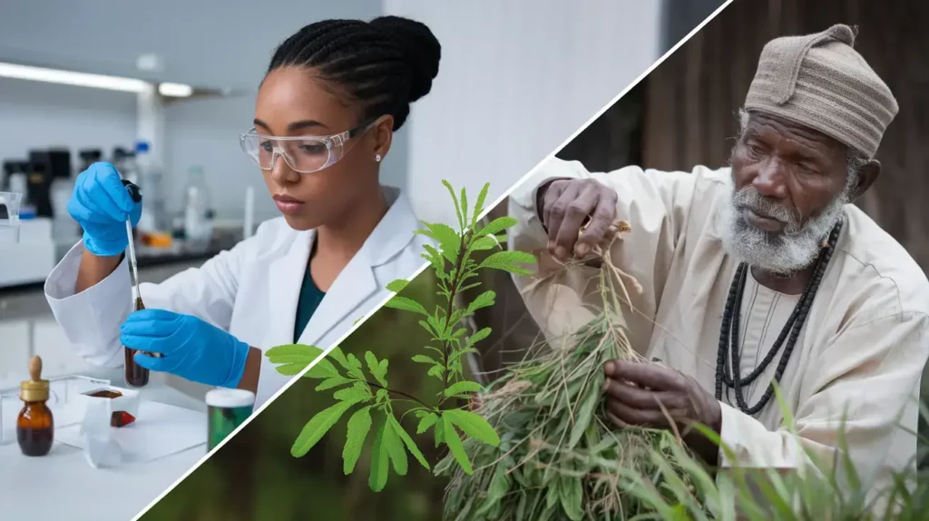 An image that bridges traditional Yoruba medicine and modern scientific research.