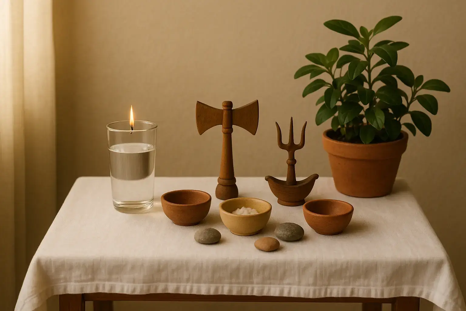 Yoruba Spirituality - Simple Yoruba spiritual altar with white cloth, glass of water, candle, offerings, stones, and symbols on a small table with warm lighting