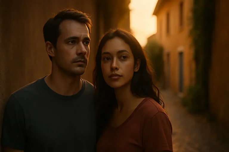a young mixed-race couple standing together in a sunlit alley at golden hour, both gazing thoughtfully forward. The warm light highlights their features, while textured buildings and soft greenery create an inspiring, inviting atmosphere in the background.