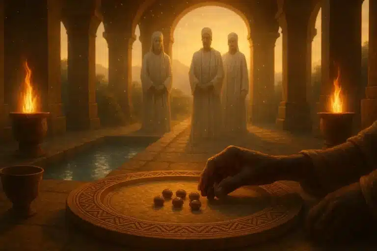 Three babalawos solemnly standing in the background witnessing Divination being done