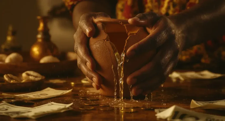 A person's hands holding a cracked clay vessel with water streaming through the broken places.