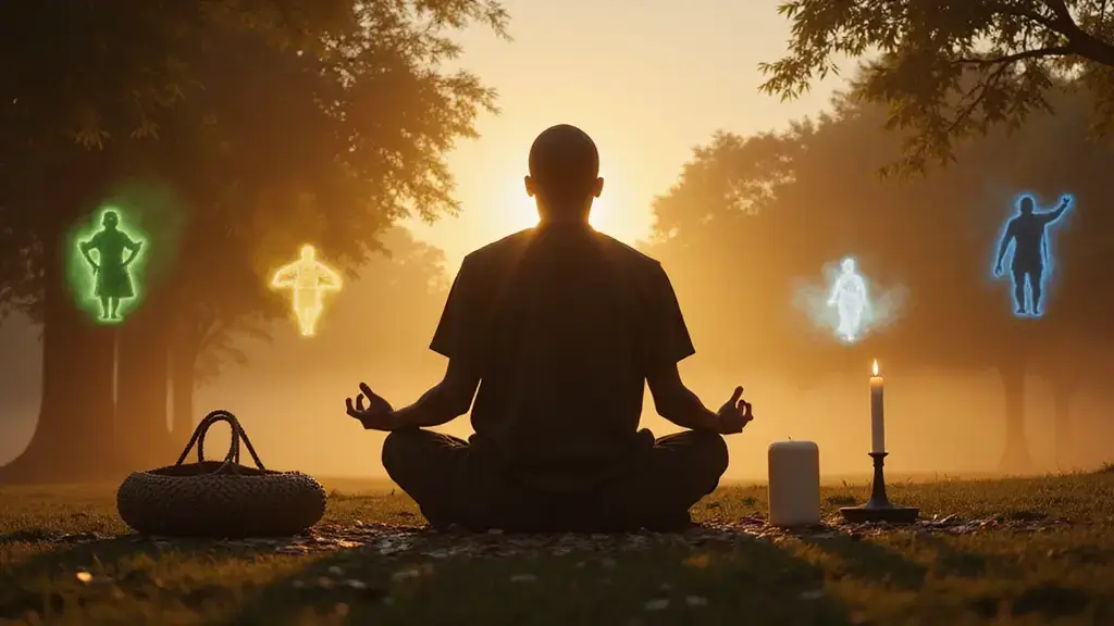 An African spiritual practitioner sitting in peaceful meditation at dawn, hands gently placed on their head in a gesture of Ori blessing.