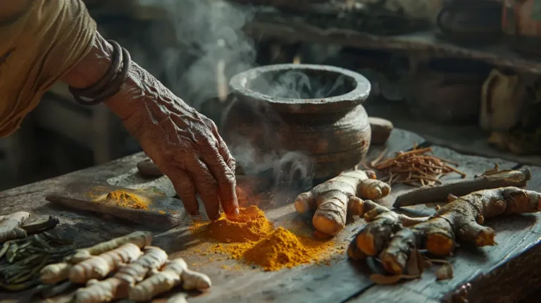 weathered hands carefully arranging freshly harvested tree barks and medicinal roots on aged wooden table