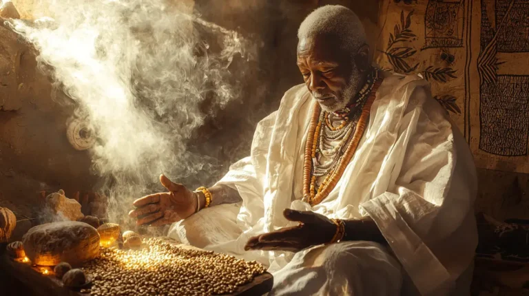 An elderly Yoruba Babalawo healer in traditional white robes performing a sacred healing ritual