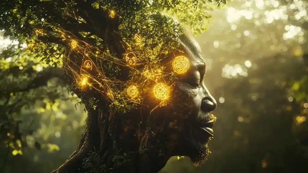 An African elder's profile merged with a sacred Iroko tree