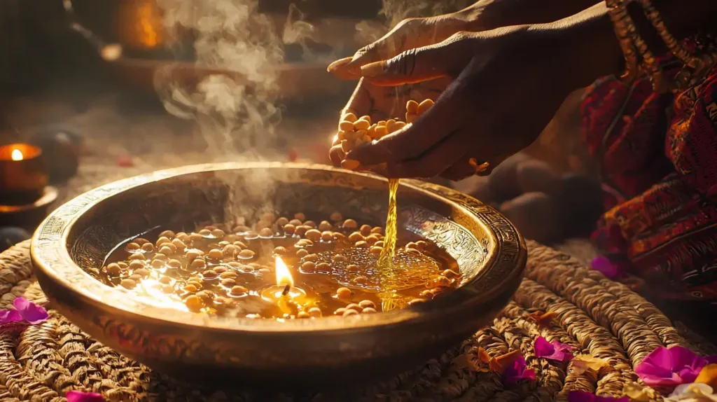 Sacred Yoruba healing ritual in progress, ornate brass bowl filled with herb-infused water reflecting candlelight, floating flower petals and cowrie shells, hands pouring blessed palm oil creating golden streams, kola nuts arranged in ritual patterns