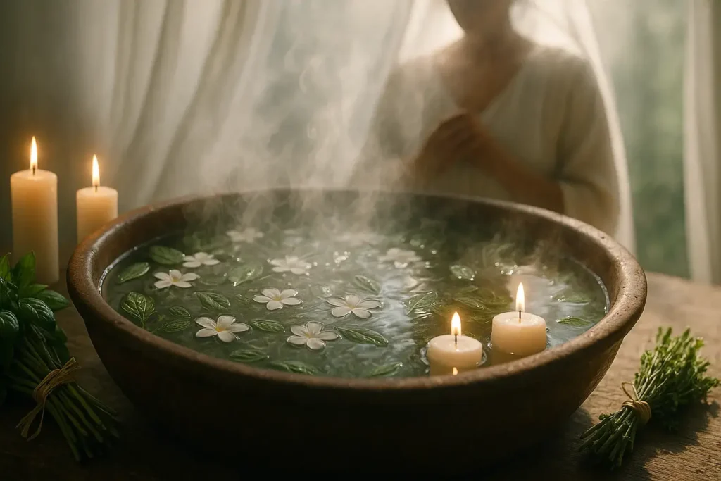 Yoruba spiritual cleansing ritual with blessed water, protective herbs, and traditional red palm oil for spiritual protection