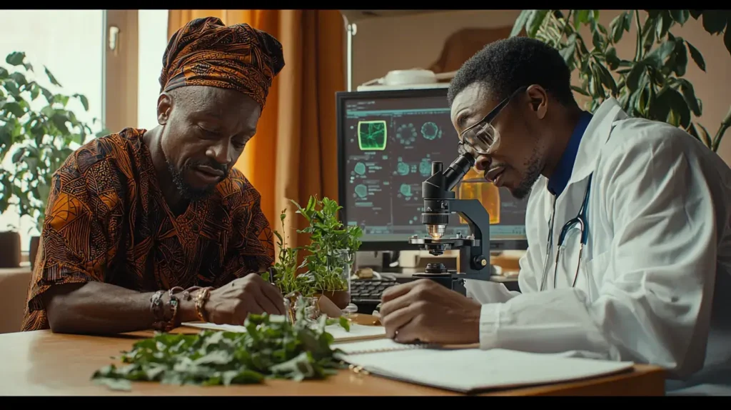 Yoruba traditional healer collaborating with modern doctor on integrative medicine combining herbs and science