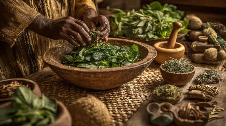 Hands of an elderly African healer gently handling the herbs,