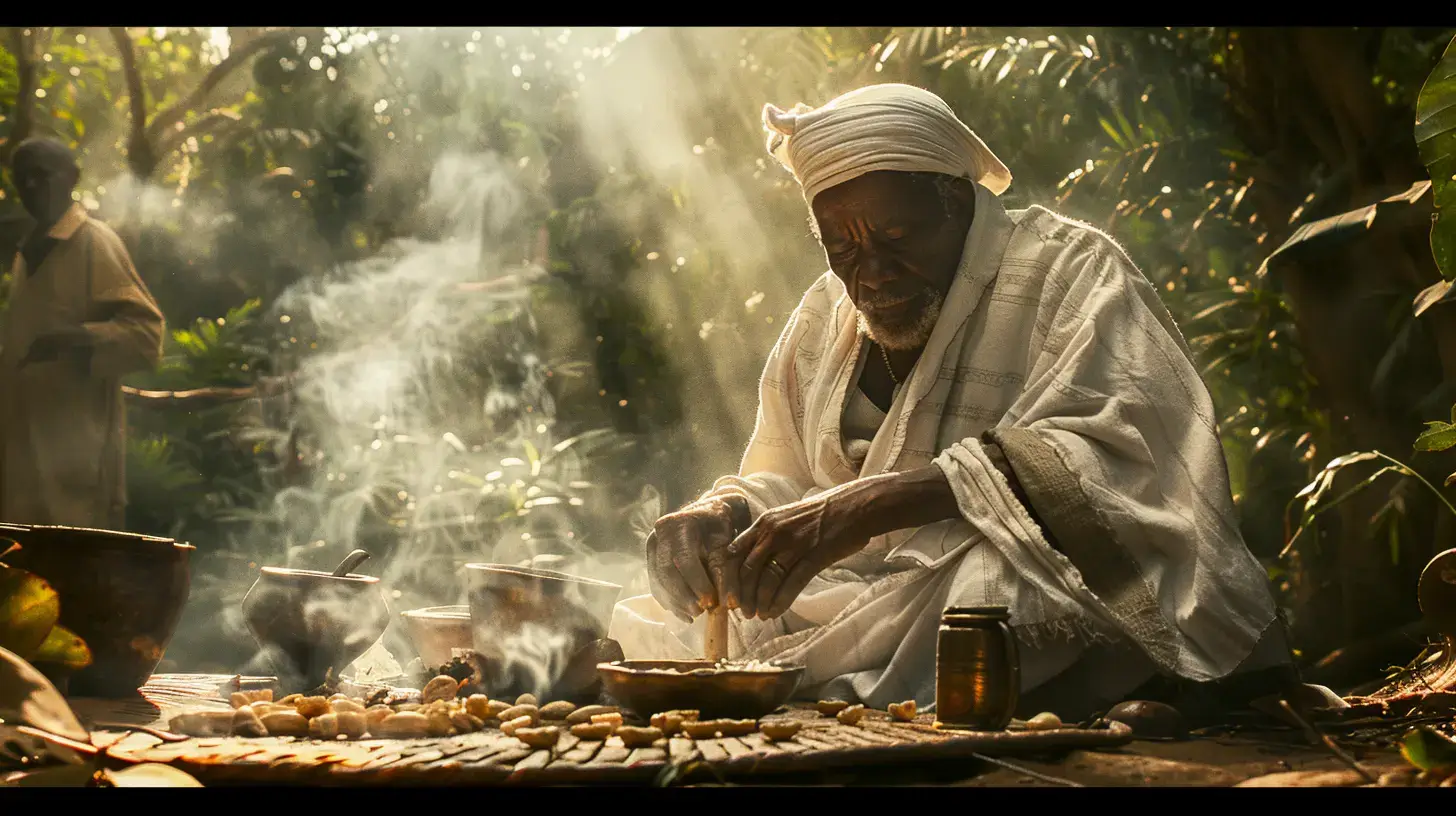 an elderly Yoruba healer in traditional white and earth-toned robes, gently preparing herbal remedies in a sacred grove at golden hour.