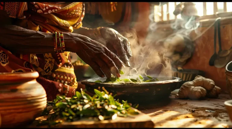 an elderly African Yoruba grandmother preparing traditional herbal remedies