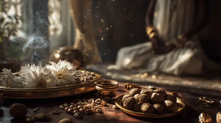 Sixteen sacred palm nuts (ikin) arranged in the pattern of Ogbe Ika, fresh white flowers in a brass bowl, a small pot of golden honey catching the light, and kola nuts split open revealing their inner segments.