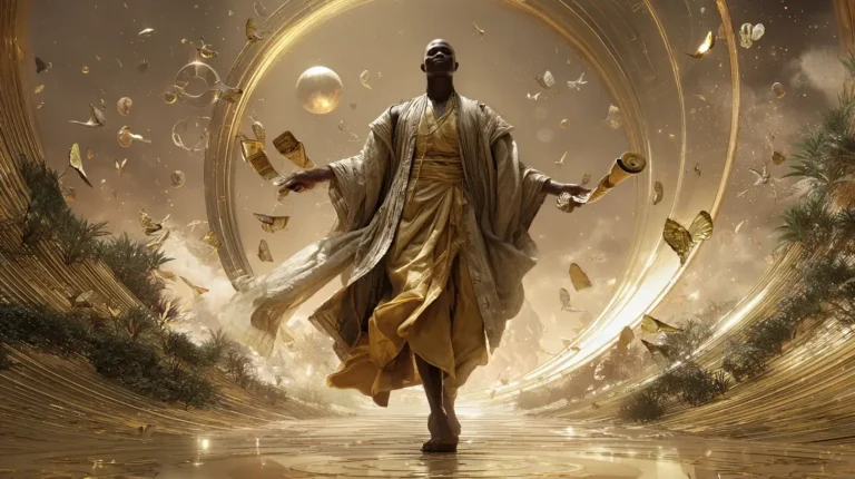 A person in flowing traditional robes stands at the center of a golden-lit crossroads, with one foot on polished obsidian stone and one on gleaming marble, symbolizing perfect balance between opposing forces.