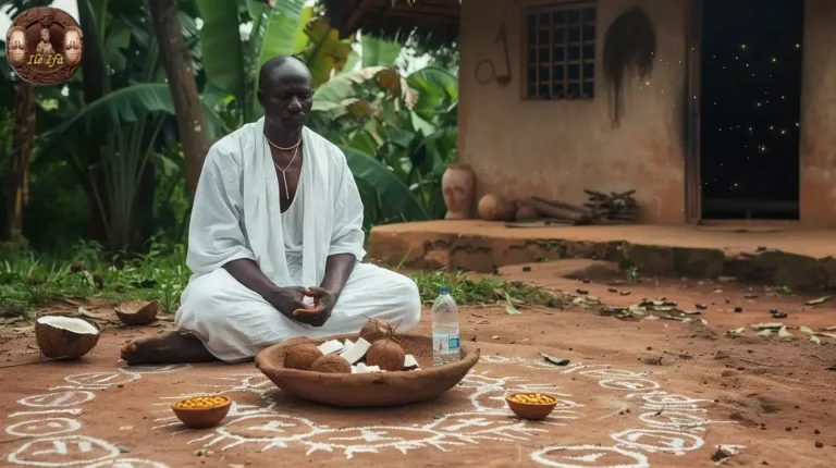 a calm figure dressed in white sits cross-legged beside a clay altar with offerings of water, coconut, kola nuts, and white cloth.