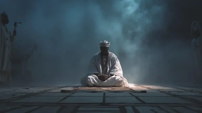 A wise Yoruba diviner sits calmly at a crossroads under a twilight sky, dressed in traditional white robes.