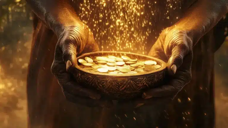 Ifa Weekly Guidance for the week of 2025-12-21. An African elder's hands holding a traditional carved wooden bowl beneath a golden rainfall