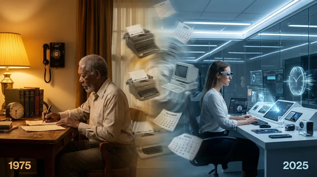 1975 vs 2025 technology comparison showing analog contemplation versus digital acceleration and information overload in modern America