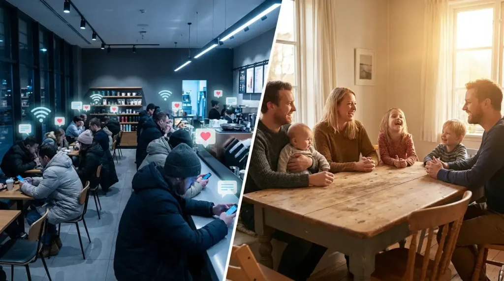 Split-screen comparison showing left side with isolated people absorbed in phones surrounded by hundreds of floating digital icons in cold blue light versus right side with two people making genuine eye contact across table connected by single red thread in warm golden light