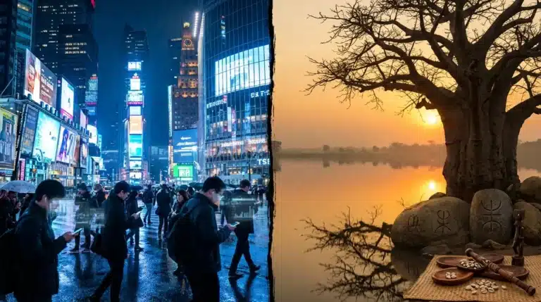 A powerful split-composition image showing America at a spiritual crossroads. Left side: a dense urban nightscape with glowing smartphone screens, illuminated billboards, streaming data, people walking while staring at devices, digital chaos, neon blue and electric white tones. Right side: a serene natural landscape at golden hour with an ancient tree, still water reflecting sky, traditional African spiritual symbols subtly integrated into nature, warm earth tones of amber, brown, and deep green. In the center where the two sides meet: a literal crossroads path splitting in opposite directions, with footprints leading toward both choices.