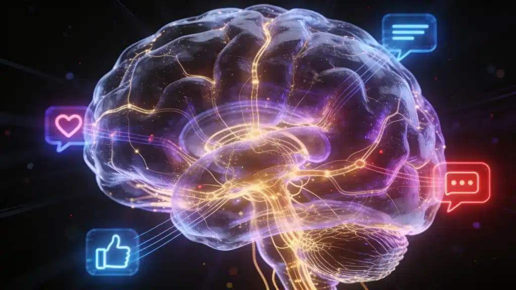 Transparent glowing human brain with neural pathways lit up in gold and violet being hijacked by social media notification icons showing dopamine addiction and digital mind control