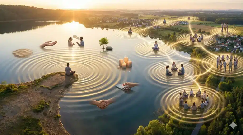 Ripple effect showing how individual spiritual practice creates collective transformation - aerial view of meditating person creating water ripples that become practicing communities at golden hour