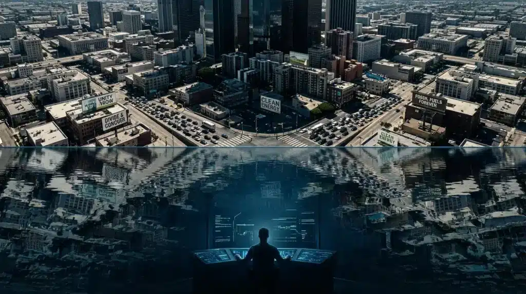 Symmetrical mirror composition with waterline dividing fragmented American cityscape above from meditating figure with visible internal cracks and chaotic thoughts below water, revealing how inner fragmentation creates outer chaos