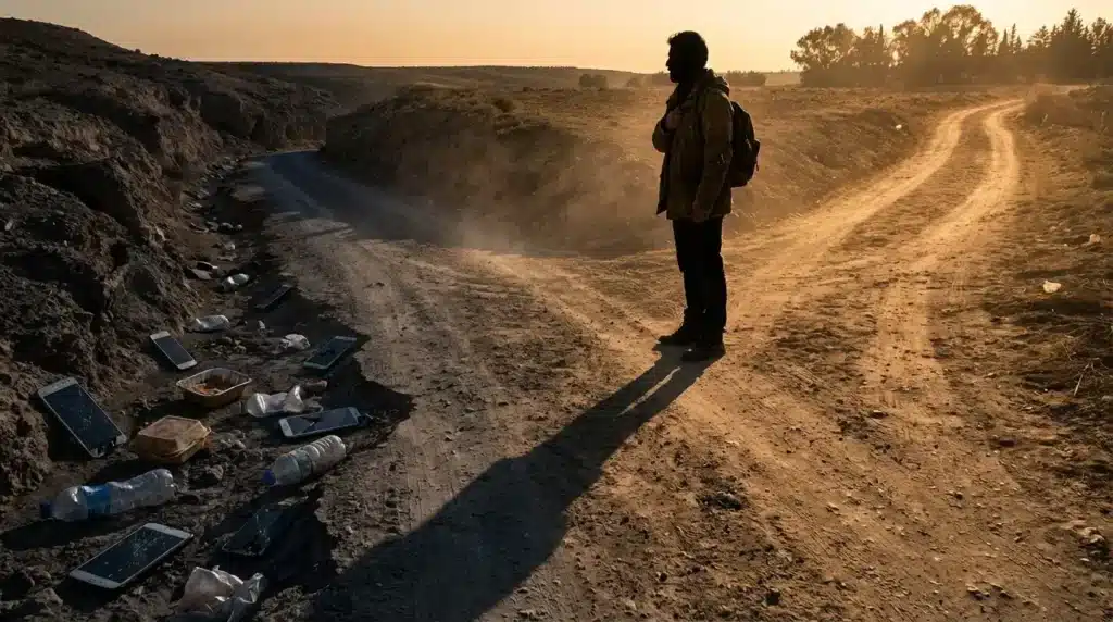 Dramatic crossroads at moment of decision - solitary figure in profile with hand on heart, weight shifted forward but not yet committed, shadow splitting between left path descending into algorithmic maze of broken technology with visible dead-end under stormy clouds, and right path ascending through trees with footprints toward thriving community under clearing golden light