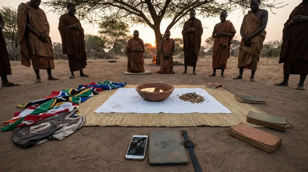Your hands are full of what's killing you. Sacred ebo ceremony showing the spiritual sacrifice required before transformation - releasing smartphone addiction, tribal thinking, tech solutions, and passivity. You can't receive with clenched fists. Pre-dawn threshold moment of letting go.