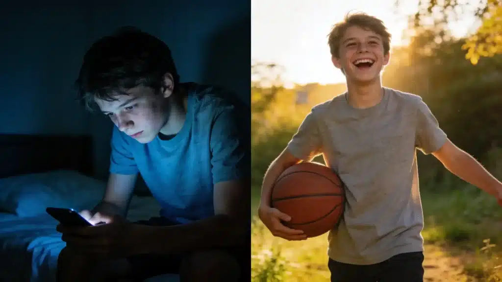 Before and after split-screen of same teenager showing dramatic transformation from pale phone-addicted teen in dark room to healthy energized teen laughing outdoors with basketball after digital detox and recovery