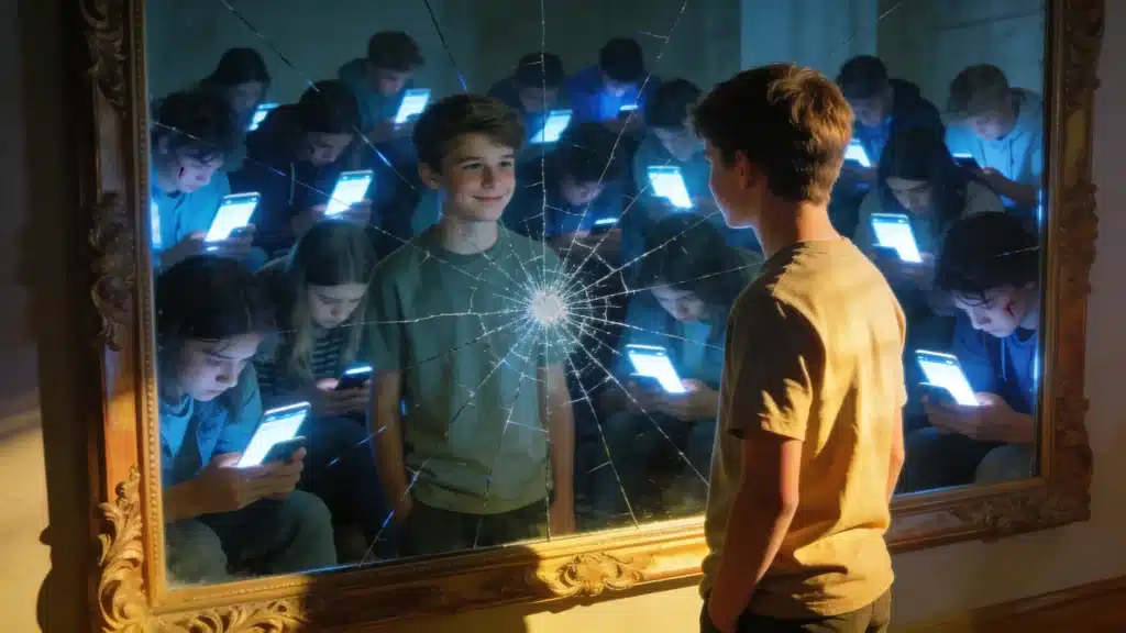 Teenage boy looking in cracked mirror seeing distressed phone-addicted teens instead of himself, symbolizing denial, self-deception and blind spot of digital addiction awareness