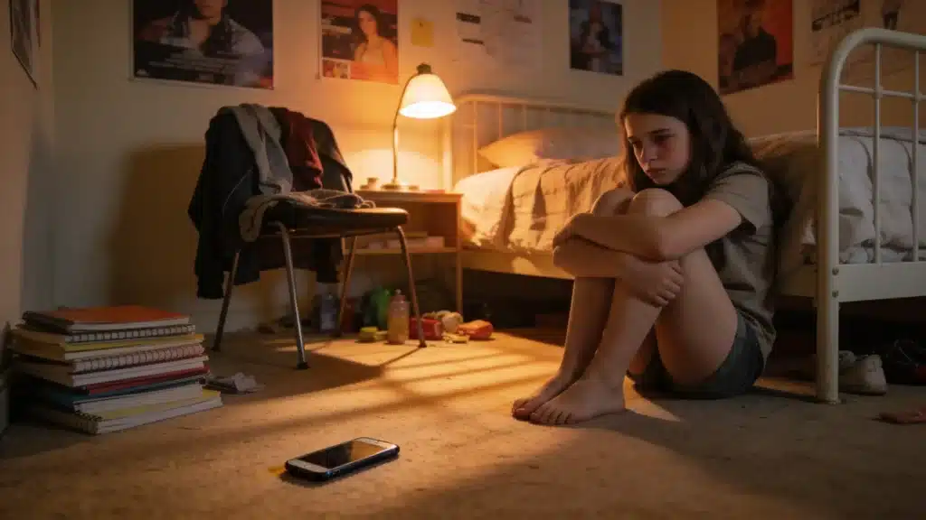 Sad teenage girl sitting alone on bedroom floor with phone face-down beside her showing emotional exhaustion, depression and loneliness from social media and digital hyperconnection