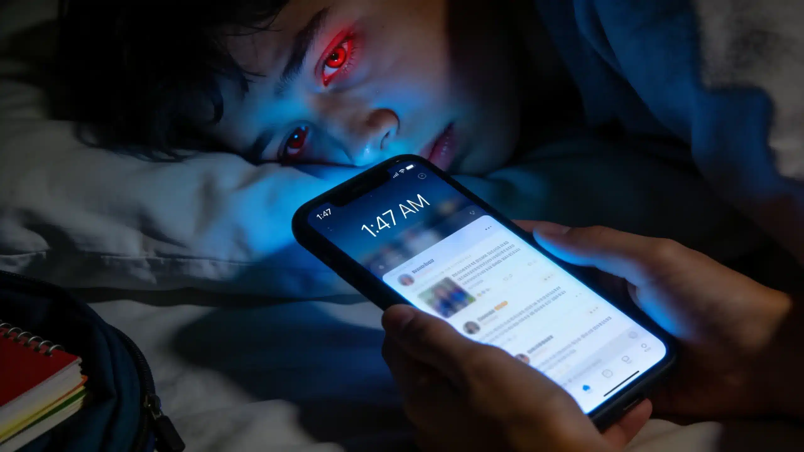 Close-up of exhausted teenager with tired red eyes using smartphone at 1:47 AM in dark bedroom showing sleep deprivation and digital addiction effects