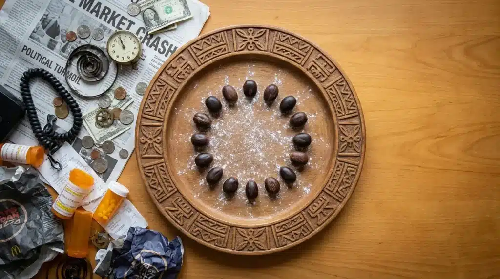 Overhead view of traditional Yoruba Opon Ifá divination tray with sacred palm nuts at center, surrounded by modern chaos on left and natural harmony on right, symbolizing Iwa-Pele spiritual balance