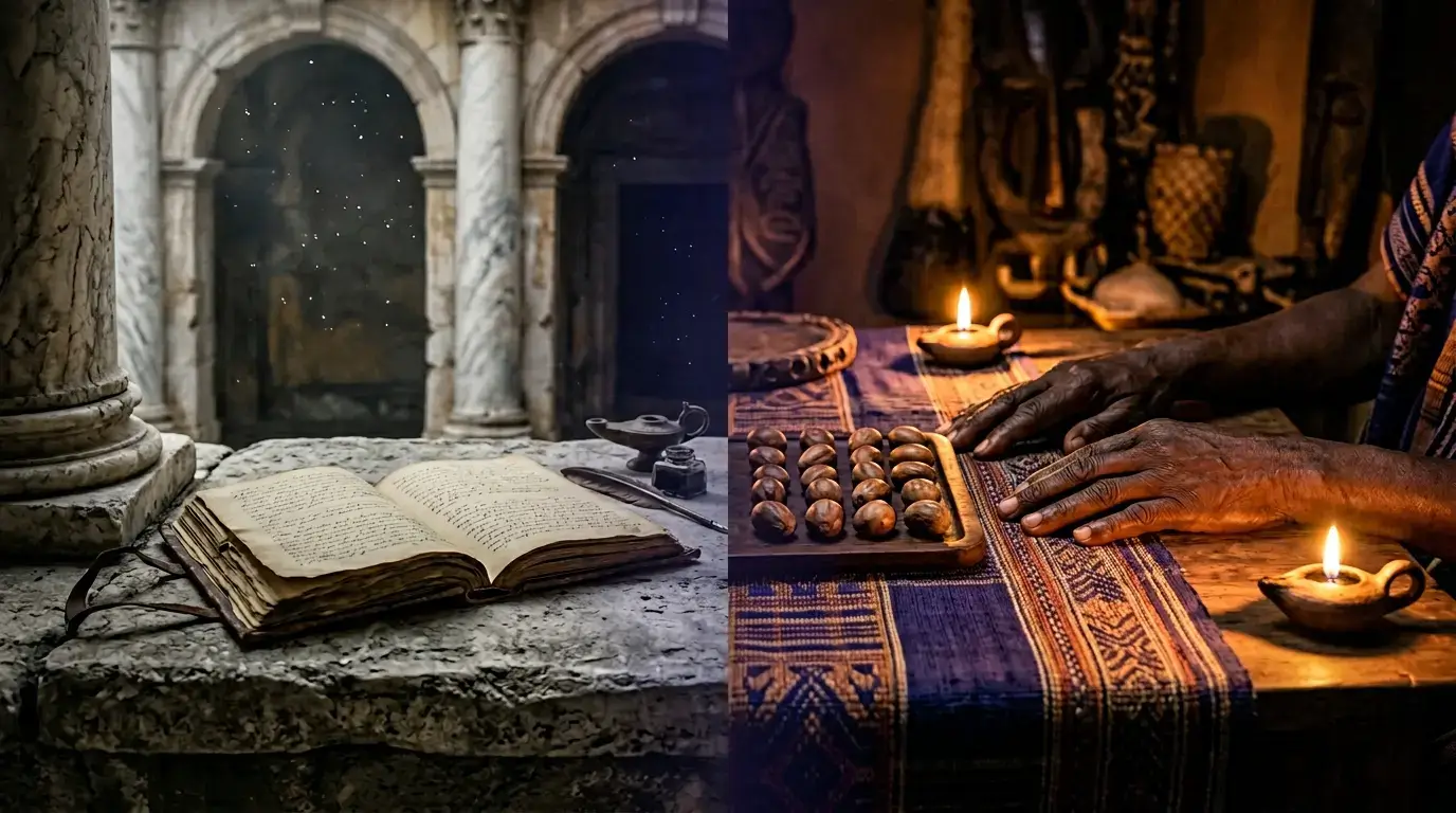 Cinematic composition depicting two worlds in quiet dialogue.