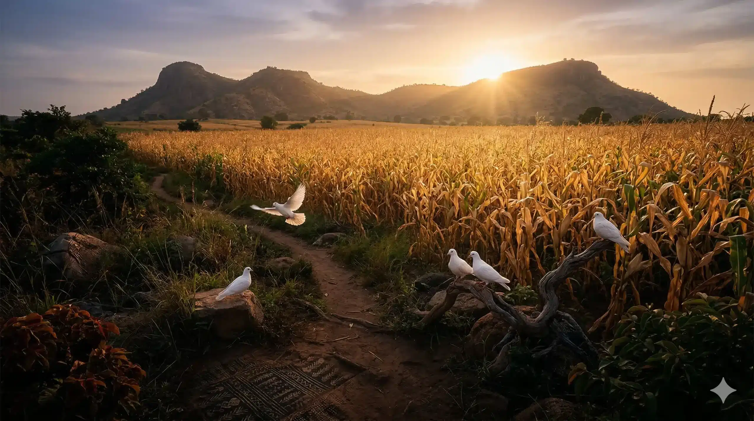 West African landscape at dawn with golden light cresting two hills over a maize harvest field, five white doves along a terracotta path — Irete Osa Ifá guidance March 2026