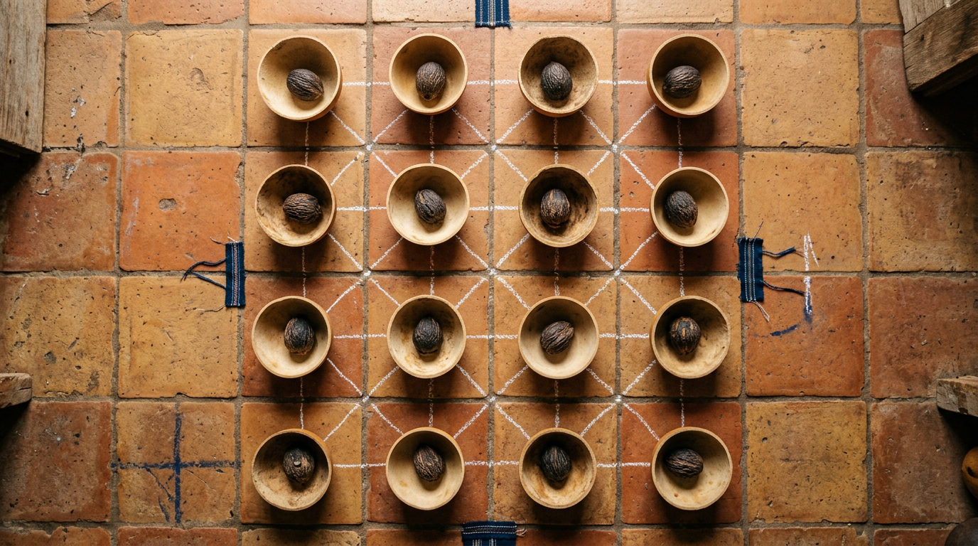 Sixteen calabash bowls in a grid pattern connected by chalk lines on a terracotta surface.
