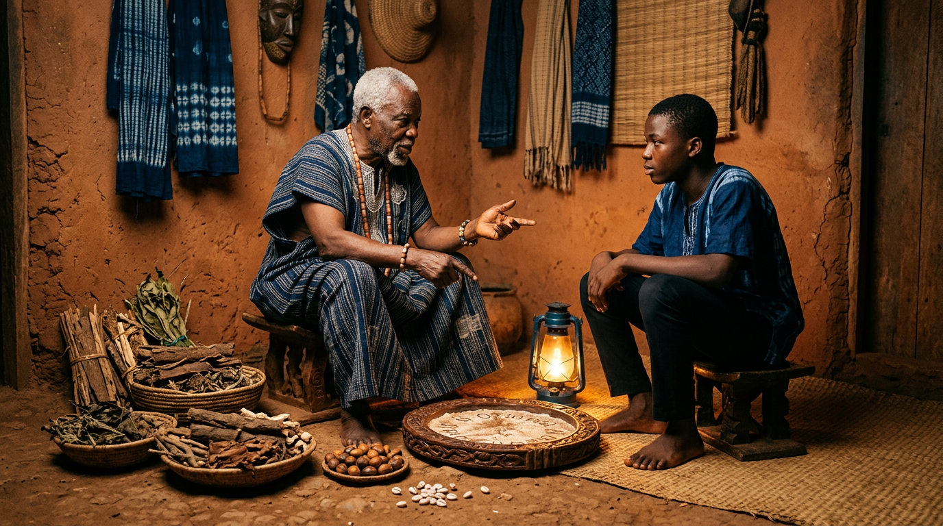 Young apprentice and elder seated together studying Ifá divination materials inside a Yorùbá compound.