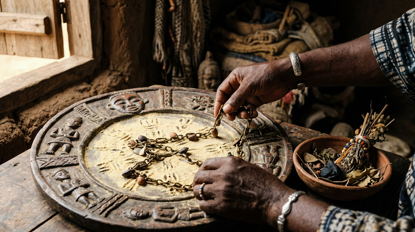 Hands casting an opele divining chain across an Opon Ifá tray with herbal preparations beside it.